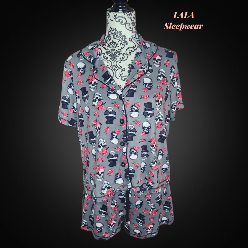 LALA Sleepwear Gray Short Sleeve Skull & Rose Pajama Set - Large